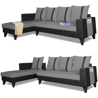 Adorn India Ashley L Shape 5 Seater Sofa Set Leatherette Fabric Stripes (Left Hand Side) (Grey & Black)