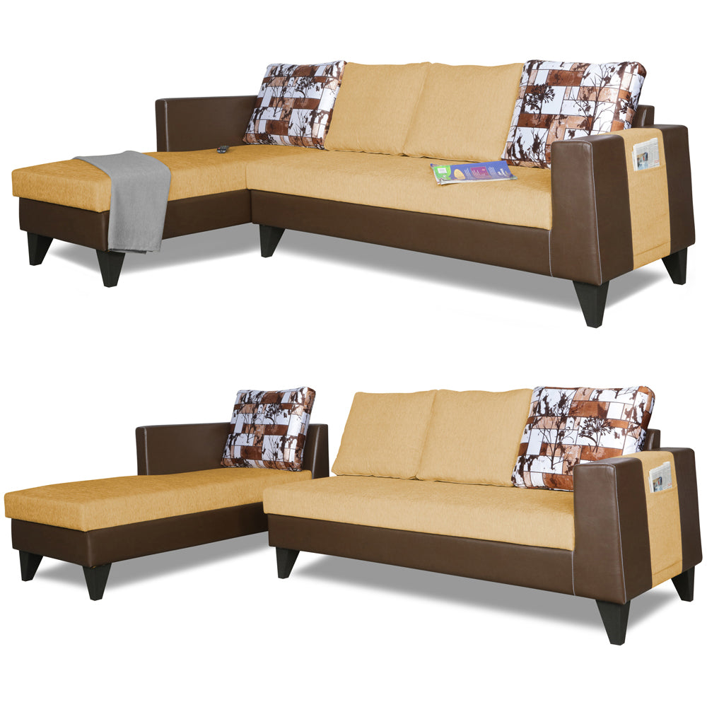 Adorn India Ashley L Shape 6 Seater Sofa Set Leatherette Fabric Digitel Print (Left Hand Side) (Brown & Beige)