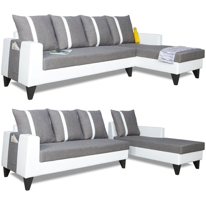 Adorn India Ashley L Shape Stripes Leatherette Fabric Sofa Set 8 Seater with 2 Ottoman Puffy & Center Table (Right Side) (Grey)