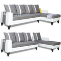 Adorn India Ashley Stripes Leatherette Fabric L Shape 8 Seater Sofa Set with 2 Ottoman Puffy & Center Table RHS (Grey & White) (3 Year Warranty)