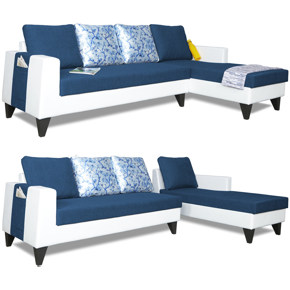 Adorn India Ashley L Shape Digitel Print Leatherette Fabric Sofa Set 8 Seater with 2 Ottoman Puffy & Center Table (Right Side) (Blue)