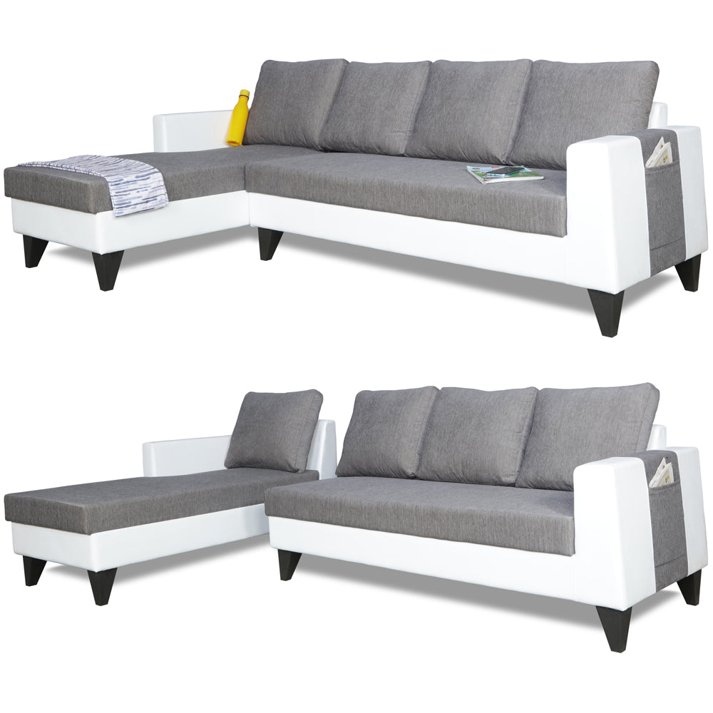 Adorn India Ashley Leatherette Fabric L Shape 6 Seater Sofa Set Plain (Left Hand Side) (Grey & White)