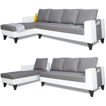 Adorn India Ashley Leatherette Fabric L Shape 6 Seater Sofa Set Plain (Left Hand Side) (Grey & White)