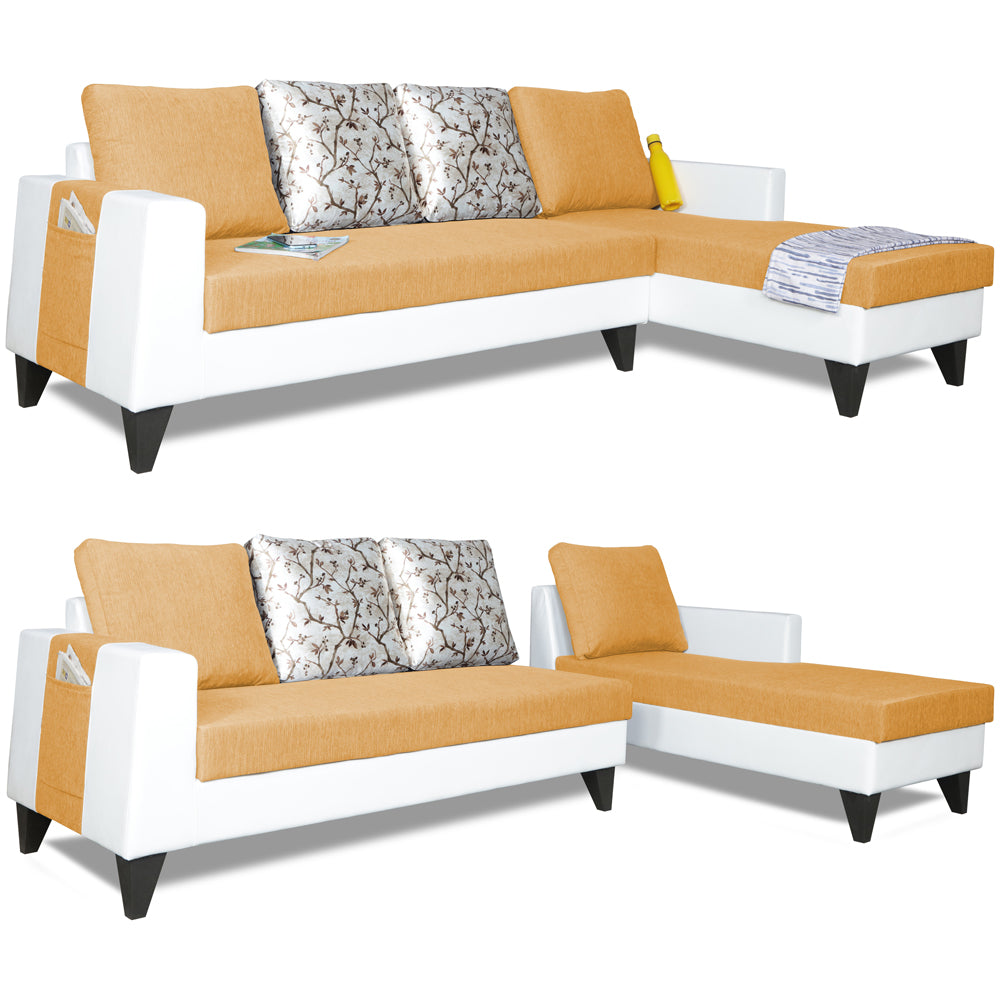 Adorn India Ashley L Shape Digitel Print Leatherette Fabric Sofa Set 8 Seater with 2 Ottoman Puffy & Center Table (Right Side) (Beige)