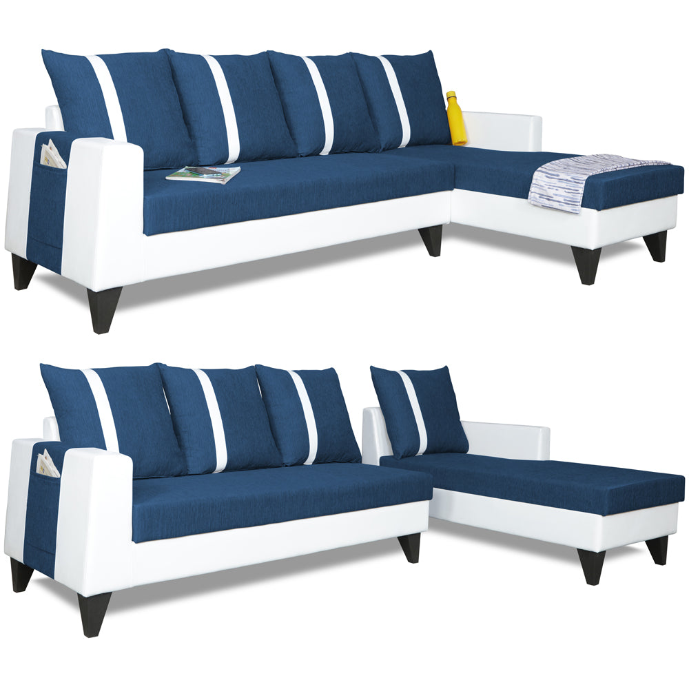 Adorn India Ashley L Shape Stripes Leatherette Fabric Sofa Set 8 Seater with 2 Ottoman Puffy & Center Table (Right Side) (Blue & White)