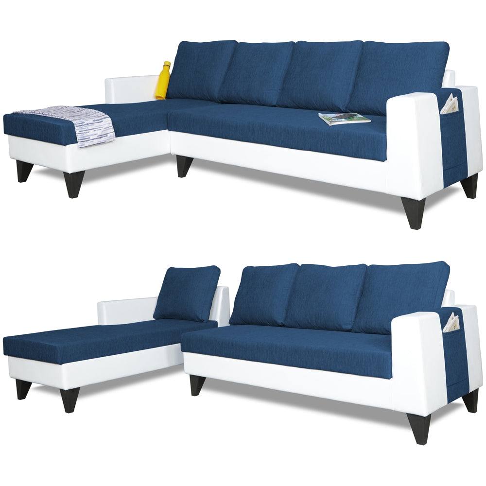 Adorn India Ashley Leatherette Fabric L Shape 6 Seater Sofa Set Plain (Left Hand Side) (Blue & White)