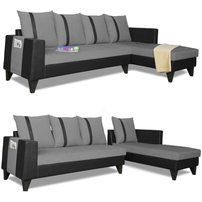 Adorn India Ashley L Shape 5 Seater Sofa Set Leatherette Fabric Stripes (Right Hand Side) (Grey & Black)