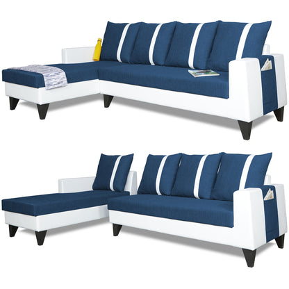 Adorn India Ashley L Shape Stripes Leatherette Fabric Sofa Set 8 Seater with 2 Ottoman Puffy & Center Table (Left Side) (Blue)