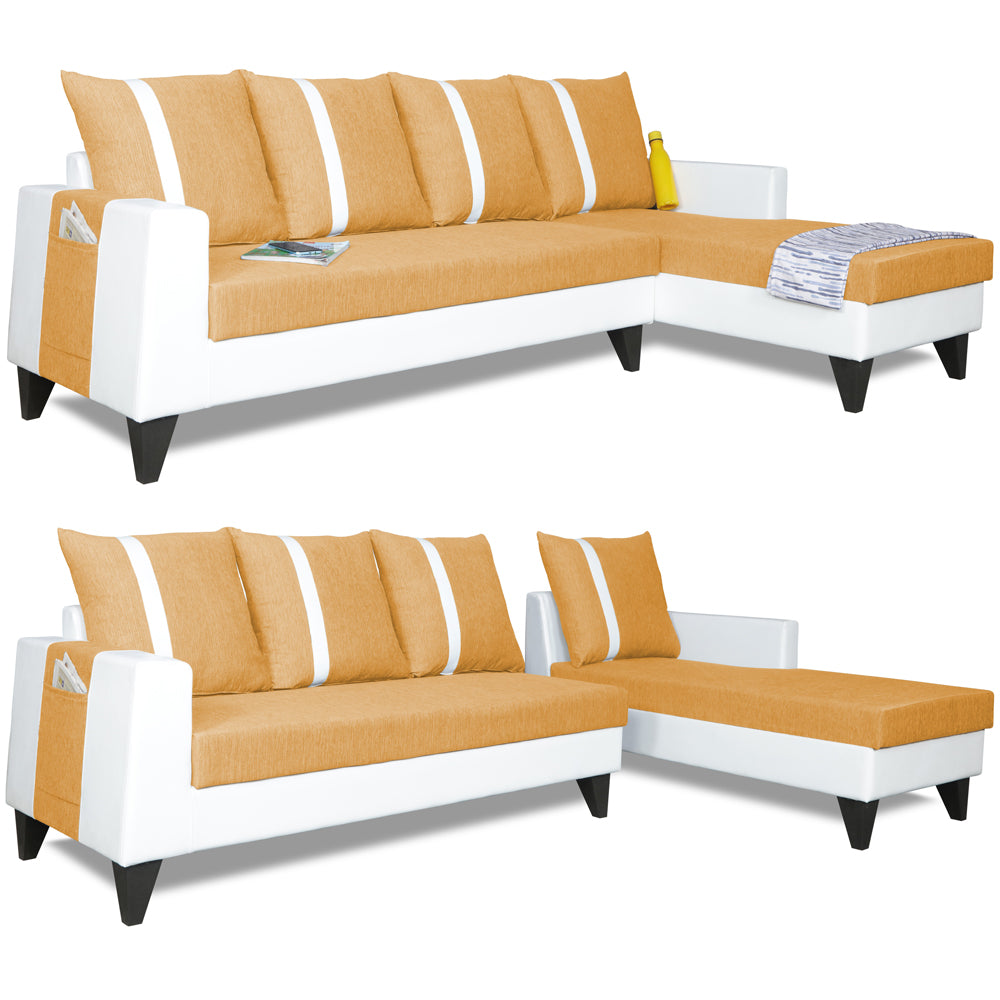 Adorn India Ashley Leatherette Fabric L Shape 6 Seater Sofa Set Stripes (Right Hand Side) (Beige & White)