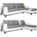 Adorn India Ashley Plain Leatherette Fabric L Shape 8 Seater Sofa Set with 2 Ottoman Puffy & Center Table RHS (Grey & White) (3 Year Warranty)