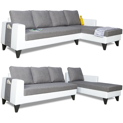 Adorn India Ashley L Shape Plain Leatherette Fabric Sofa Set 8 Seater with 2 Ottoman Puffy & Center Table (Right Side) (Grey)