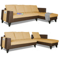 Adorn India Ashley L Shape 6 Seater Sofa Set Leatherette Fabric Plain (Right Hand Side) (Brown & Beige) (3 Year Warranty)