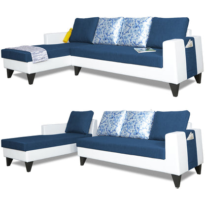 Adorn India Ashley Leatherette Fabric L Shape 6 Seater Sofa Set Digitel Print (Left Hand Side) (Blue & White)