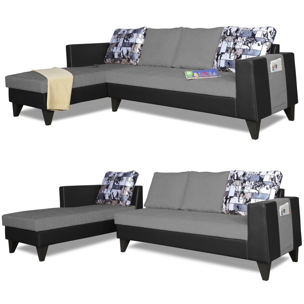Adorn India Ashley L Shape 6 Seater Sofa Set Leatherette Fabric Digitel Print (Left Hand Side) (Grey & Black)