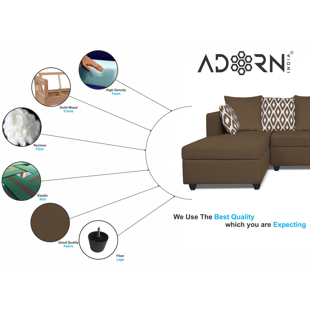 Adorn India Zink Straight line L Shape 6 Seater Sofa Rhombus Cushion (Left Side Handle)(Brown)