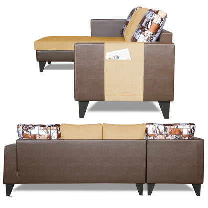 Adorn India Ashley L Shape 6 Seater Sofa Set Leatherette Fabric Digitel Print (Left Hand Side) (Brown & Beige)