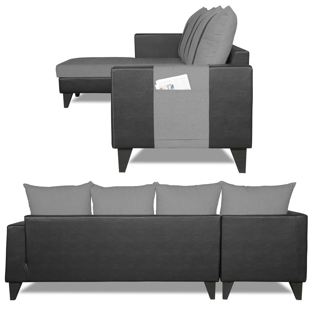 Adorn India Ashley L Shape 5 Seater Sofa Set Leatherette Fabric Stripes (Left Hand Side) (Grey & Black)