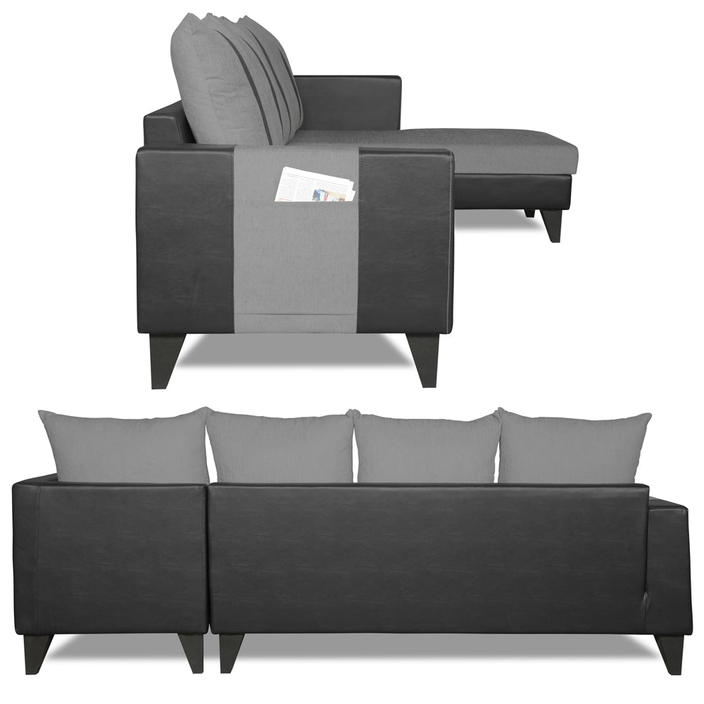 Adorn India Ashley L Shape 5 Seater Sofa Set Leatherette Fabric Stripes (Right Hand Side) (Grey & Black)