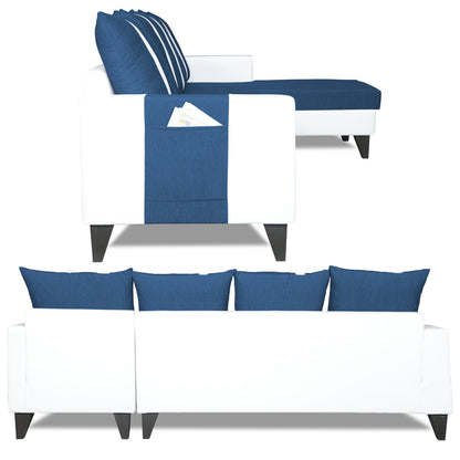 Adorn India Ashley L Shape Stripes Leatherette Fabric Sofa Set 8 Seater with 2 Ottoman Puffy & Center Table (Right Side) (Blue & White)