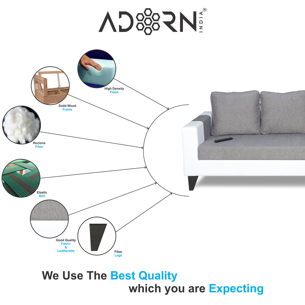 Adorn India Ashley Plain Leatherette Fabric 3-2 Five Seater Sofa Set (Grey & White)