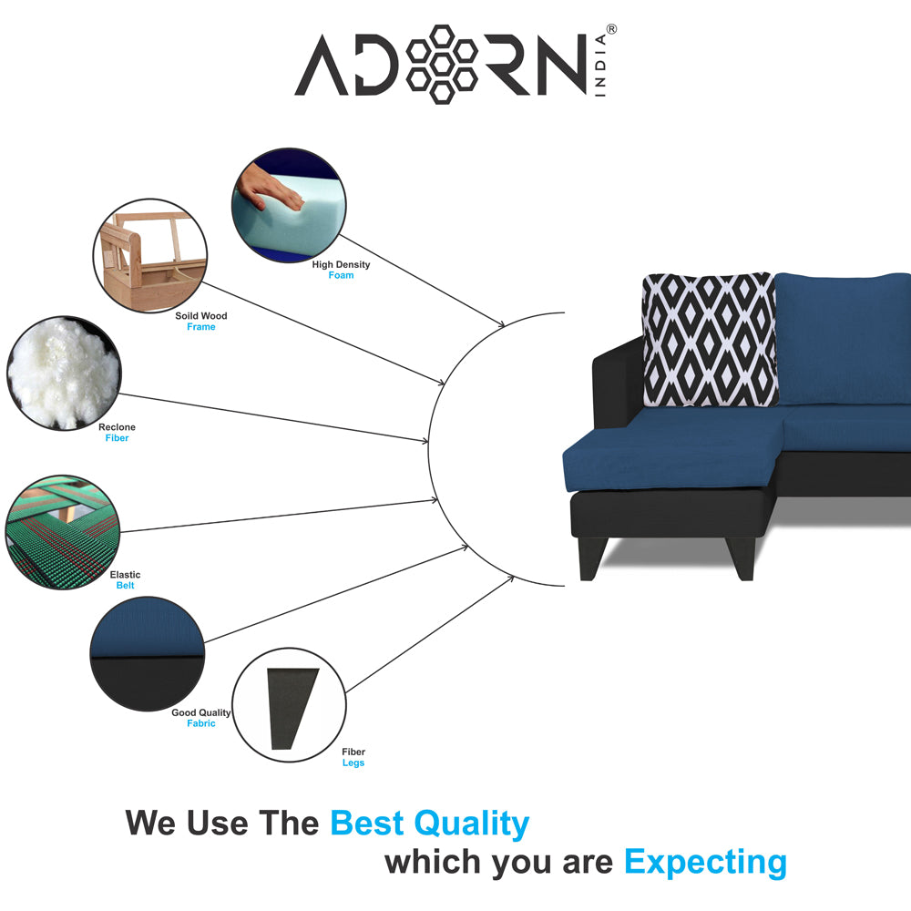 Adorn India Beetle L Shape 5 Seater Sofa Set Rhombus (Left Hand Side) (Blue & Black)