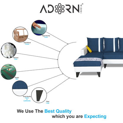 Adorn India Ashley Leatherette Fabric L Shape 6 Seater Sofa Set Stripes (Left Hand Side) (Blue & White)