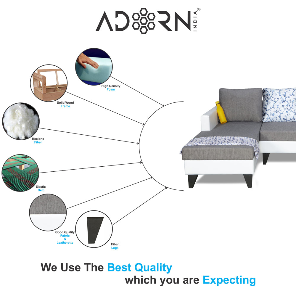 Adorn India Ashley Leatherette Fabric L Shape 6 Seater Sofa Set Digitel Print (Left Hand Side) (Grey & White)