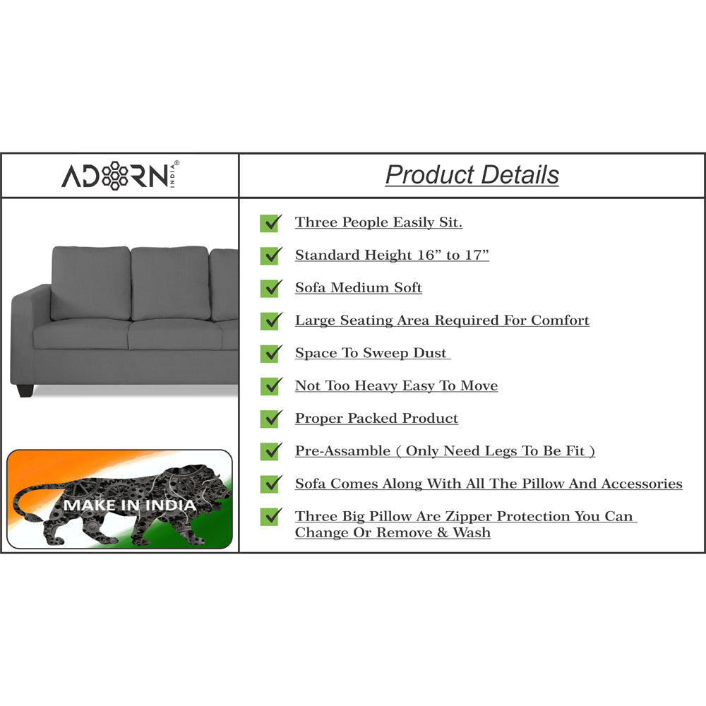 Adorn India Russell 3 Seater Sofa (Grey)