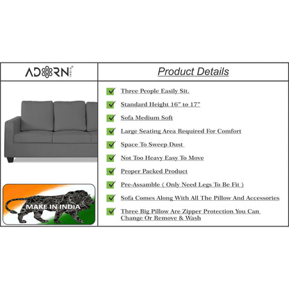 Adorn India Russell 3 Seater Sofa (Grey)