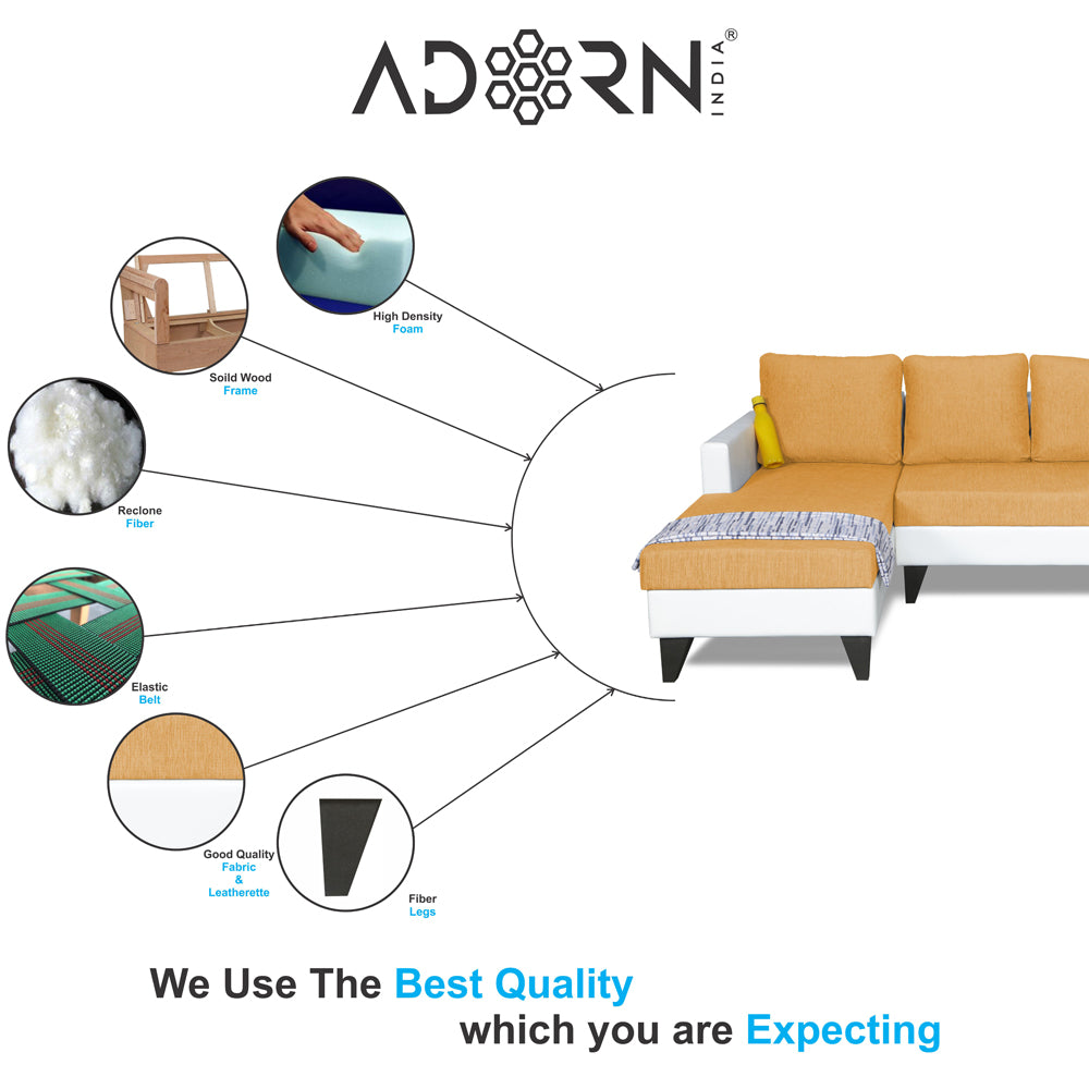 Adorn India Ashley Leatherette Fabric L Shape 6 Seater Sofa Set Plain (Left Hand Side) (Beige & White)