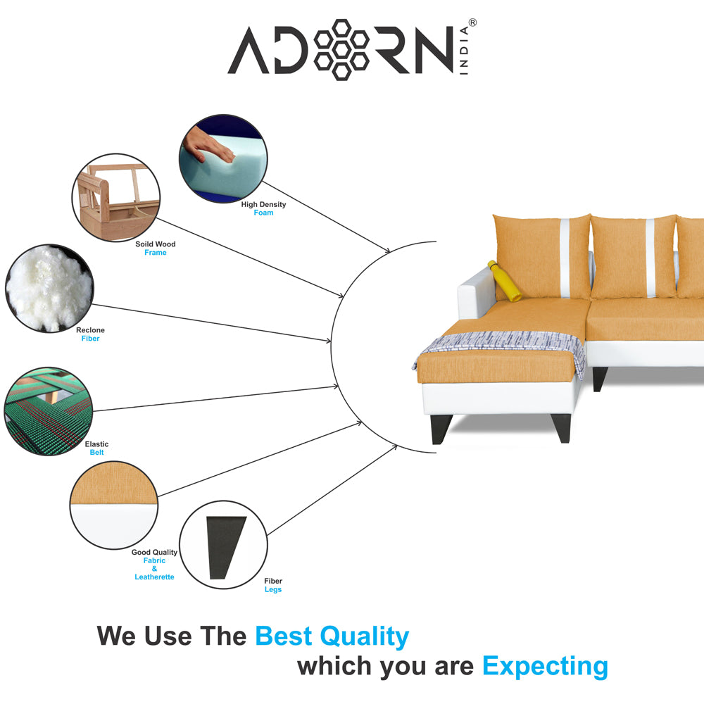 Adorn India Ashley Leatherette Fabric L Shape 6 Seater Sofa Set Stripes (Left Hand Side) (Beige & White)