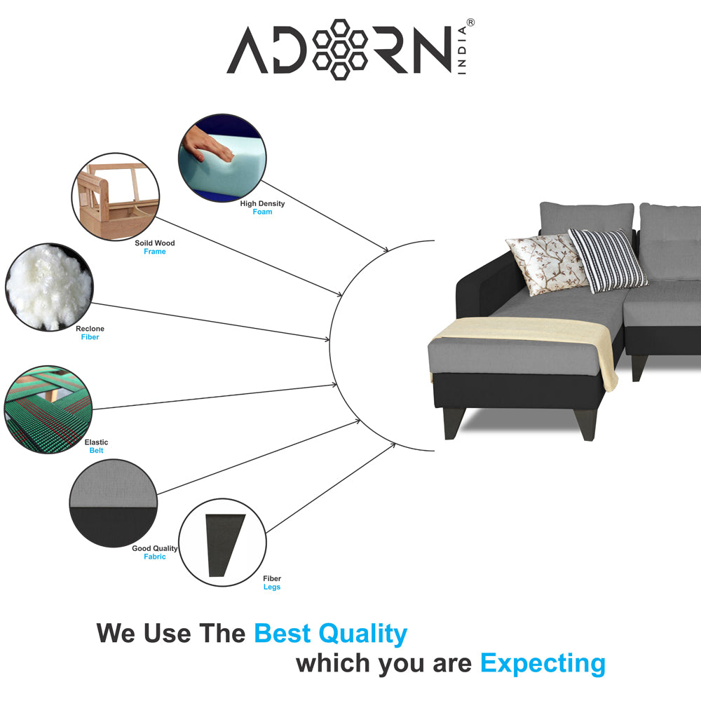 Adorn India Maddox L Shape 6 Seater Sofa Set Tufted Two Tone (Left Hand Side) (Grey & Black)