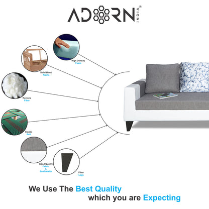 Adorn India Ashley Leatherette Fabric L Shape 6 Seater Sofa Set Digitel Print (Right Hand Side) (Grey & White)