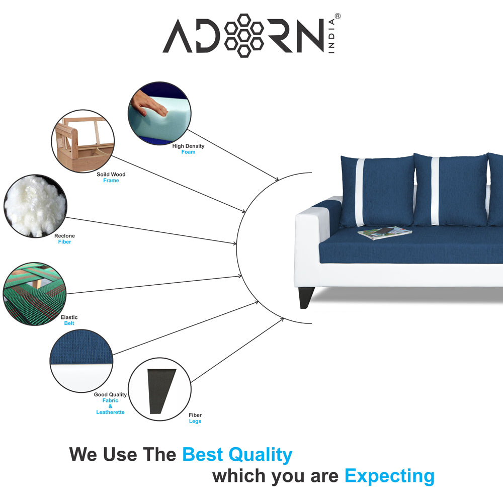 Adorn India Ashley L Shape Stripes Leatherette Fabric Sofa Set 8 Seater with 2 Ottoman Puffy & Center Table (Right Side) (Blue & White)