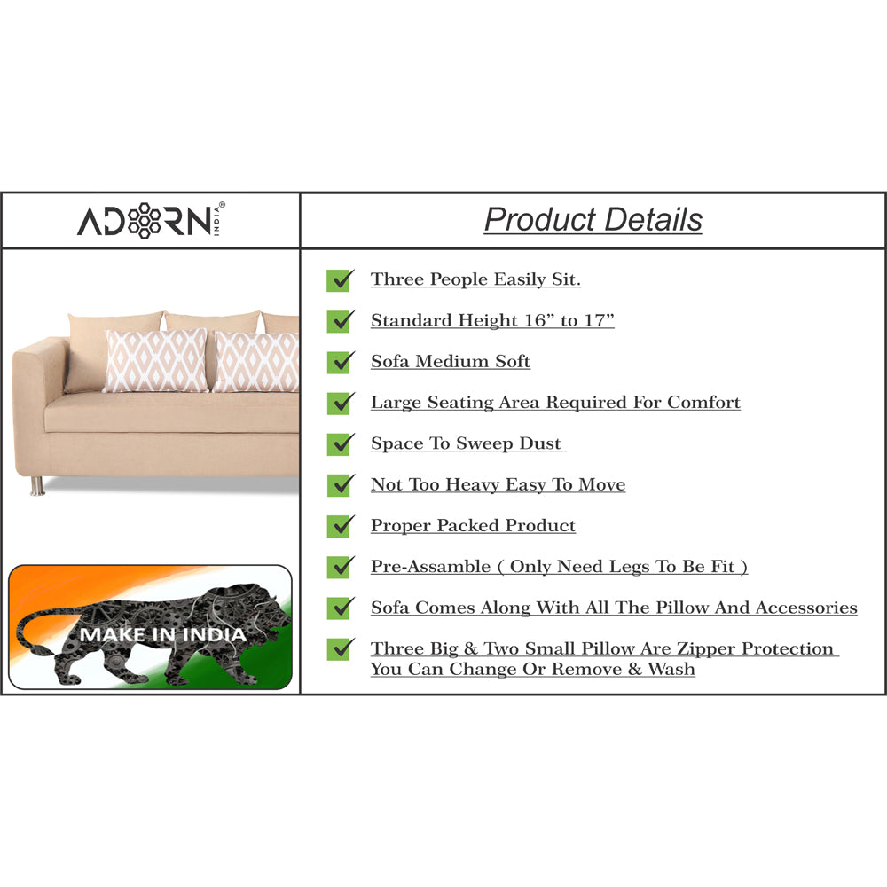 Adorn India Poland 3 Seater Sofa (Beige)