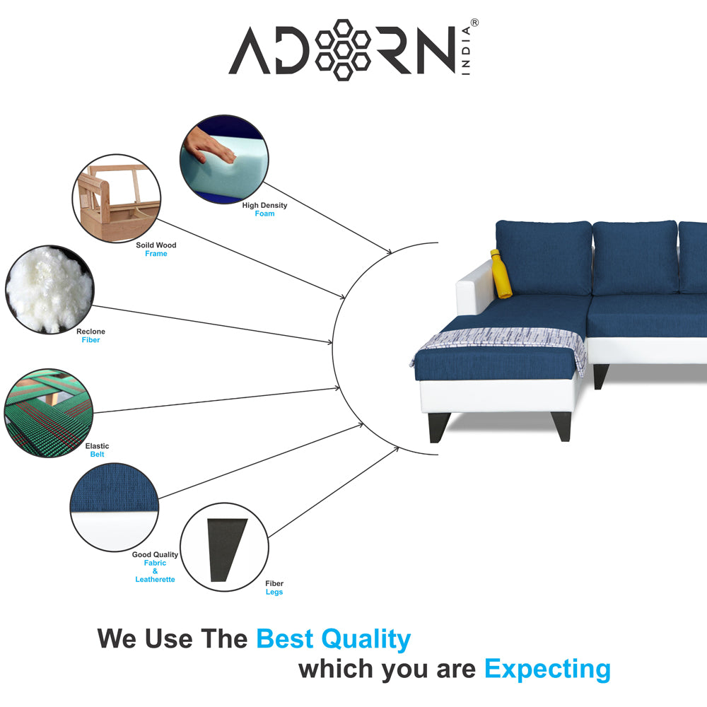 Adorn India Ashley L Shape Plain Leatherette Fabric Sofa Set 8 Seater with 2 Ottoman Puffy & Center Table (Left Side) (Blue)