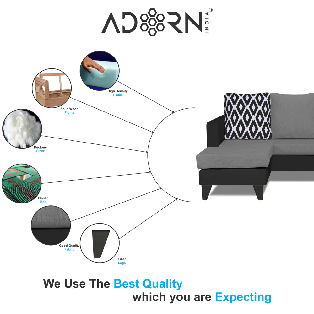 Adorn India Beetle L Shape 5 Seater Sofa Set Rhombus (Left Hand Side) (Grey & Black)