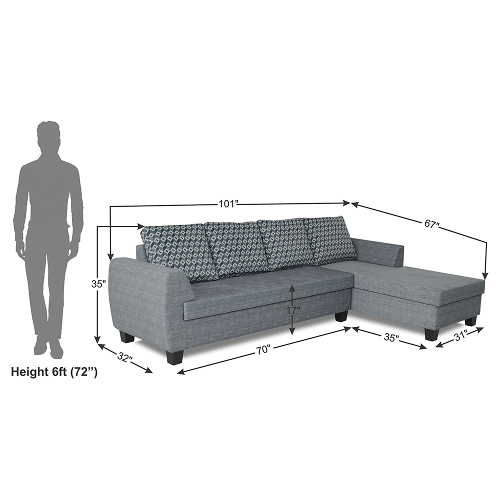 Adorn India Raiden Bricks Premium L Shape 6 Seater Sofa Set with Center Table (Right Hand Side) (Grey)
