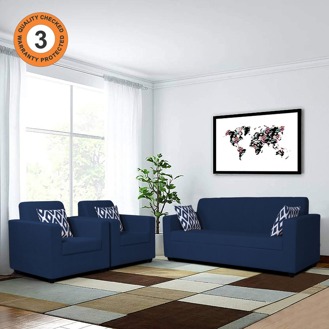 Adorn India Rio HighBack 3+1+1 5 Seater Sofa Set (Blue) (3 Year Warranty)