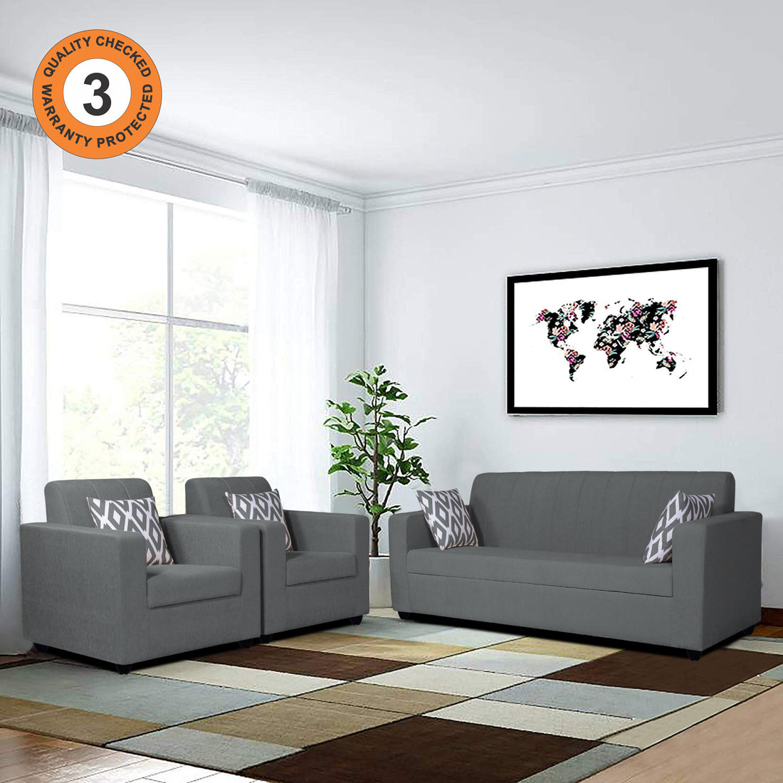 Adorn India Rio HighBack 3+1+1 5 Seater Sofa Set (Grey) (3 Year Warranty)