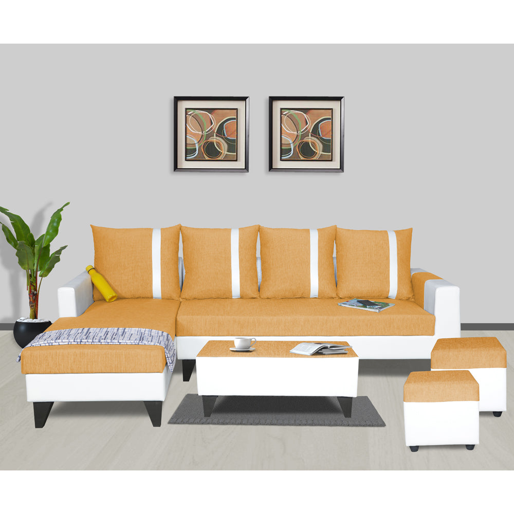 Adorn India Ashley Stripes Leatherette Fabric L Shape 8 Seater Sofa Set with 2 Ottoman Puffy & Center Table LHS (Beige & White) (3 Year Warranty)