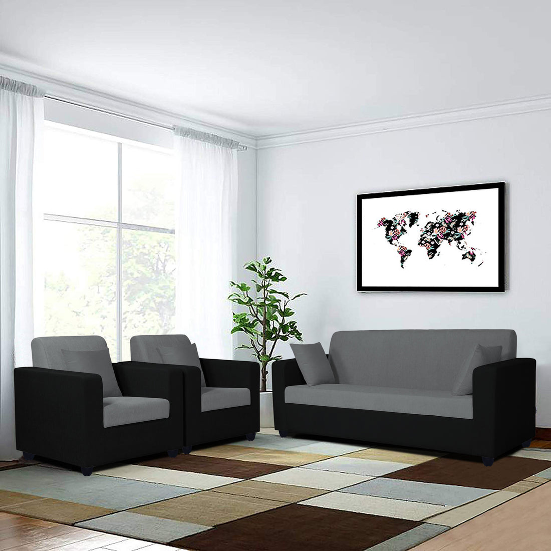 Adorn India Rio Decent 3-1-1 5 Seater Sofa Set (Grey & Black) (3 Year Warranty)