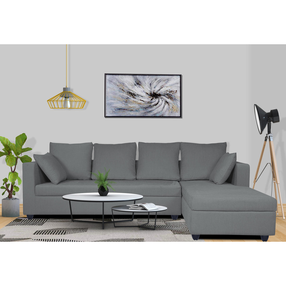 Zink Straight line L Shape 6 Seater Sofa with Plain Cushion (Grey)