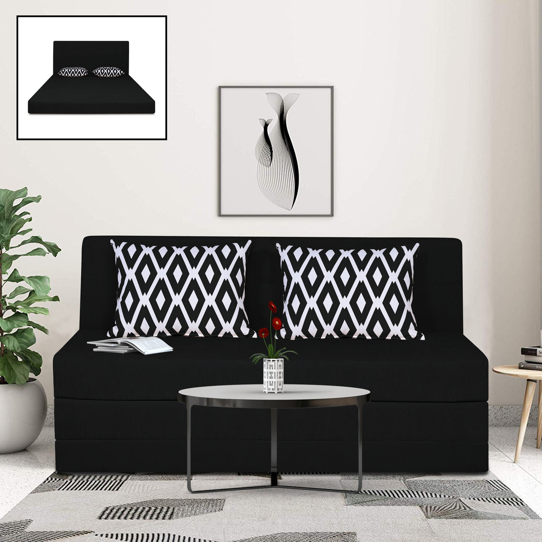 Adorn India Easy Highback Three Seater Sofa Cum Bed Rhombus 5' x 6' (Black) (1 Year Warranty)