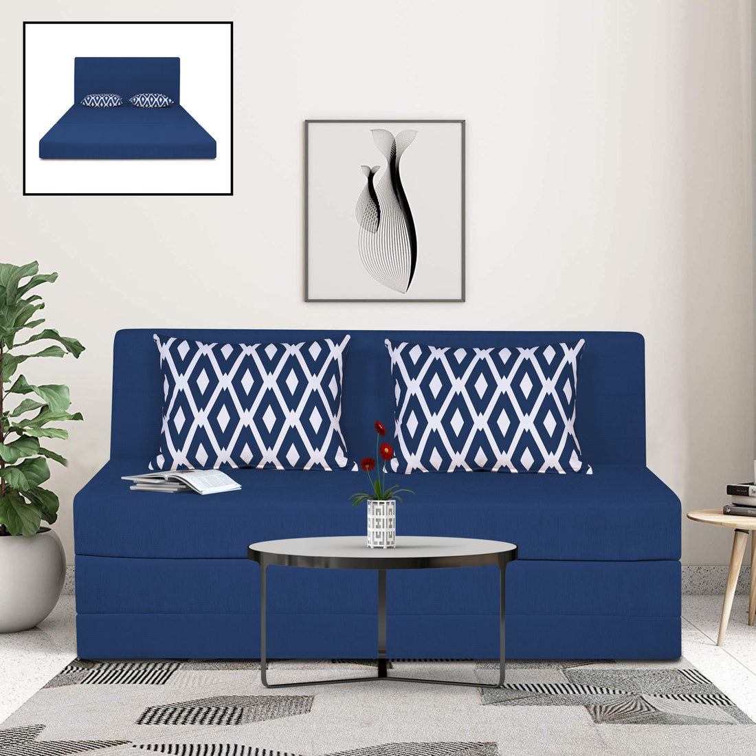 Adorn India Easy Highback Three Seater Sofa Cum Bed Rhombus 5' x 6' (Blue) (1 Year Warranty)