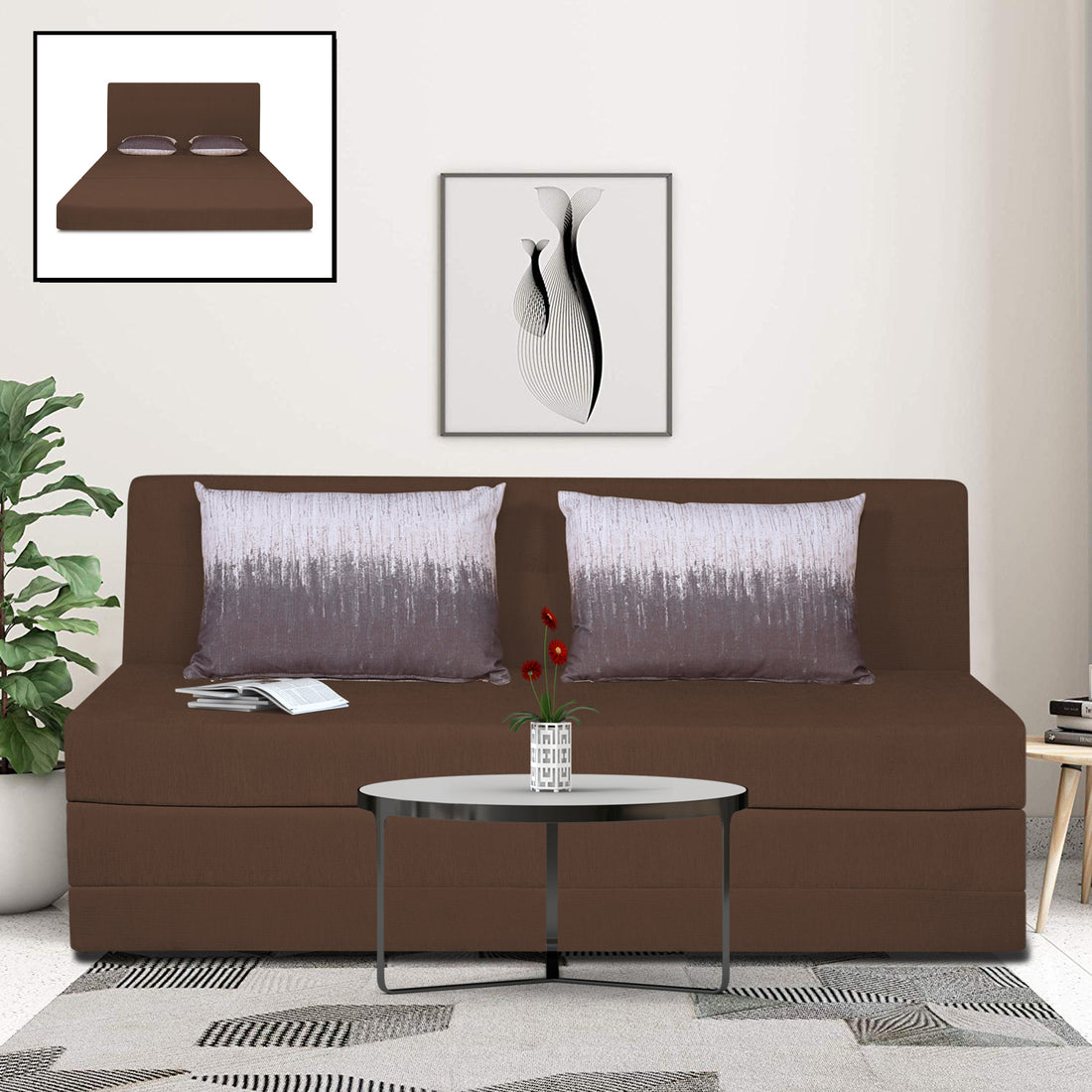 Adorn India Easy Highback Three Seater Sofa Cum Bed Wave 6' x 6' (Brown) (1 Year Warranty)