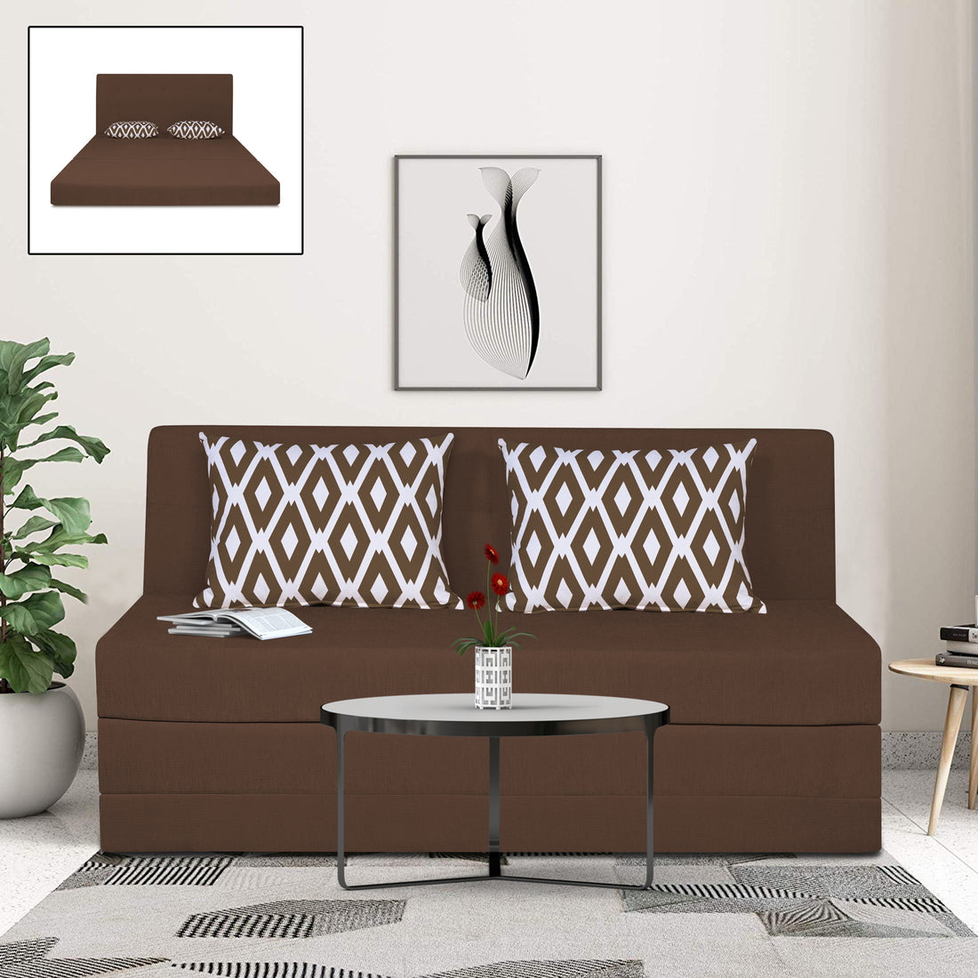 Adorn India Easy Highback Three Seater Sofa Cum Bed Rhombus 5' x 6' (Brown) (1 Year Warranty)