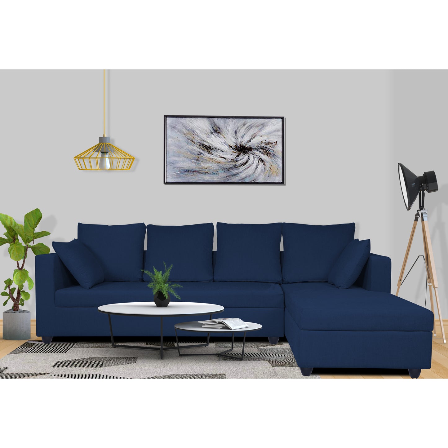 Adorn India Zink Straight line L Shape 6 Seater Sofa Plain Cushion (Blue)