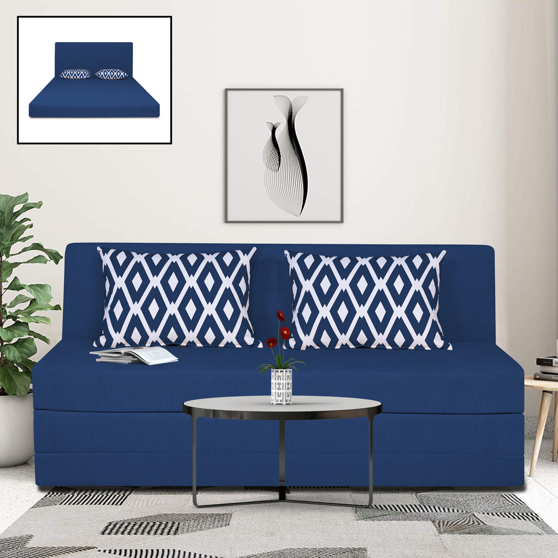 Adorn India Easy Highback Three Seater Sofa Cum Bed Rhombus 6' x 6' (Blue) (1 Year Warranty)