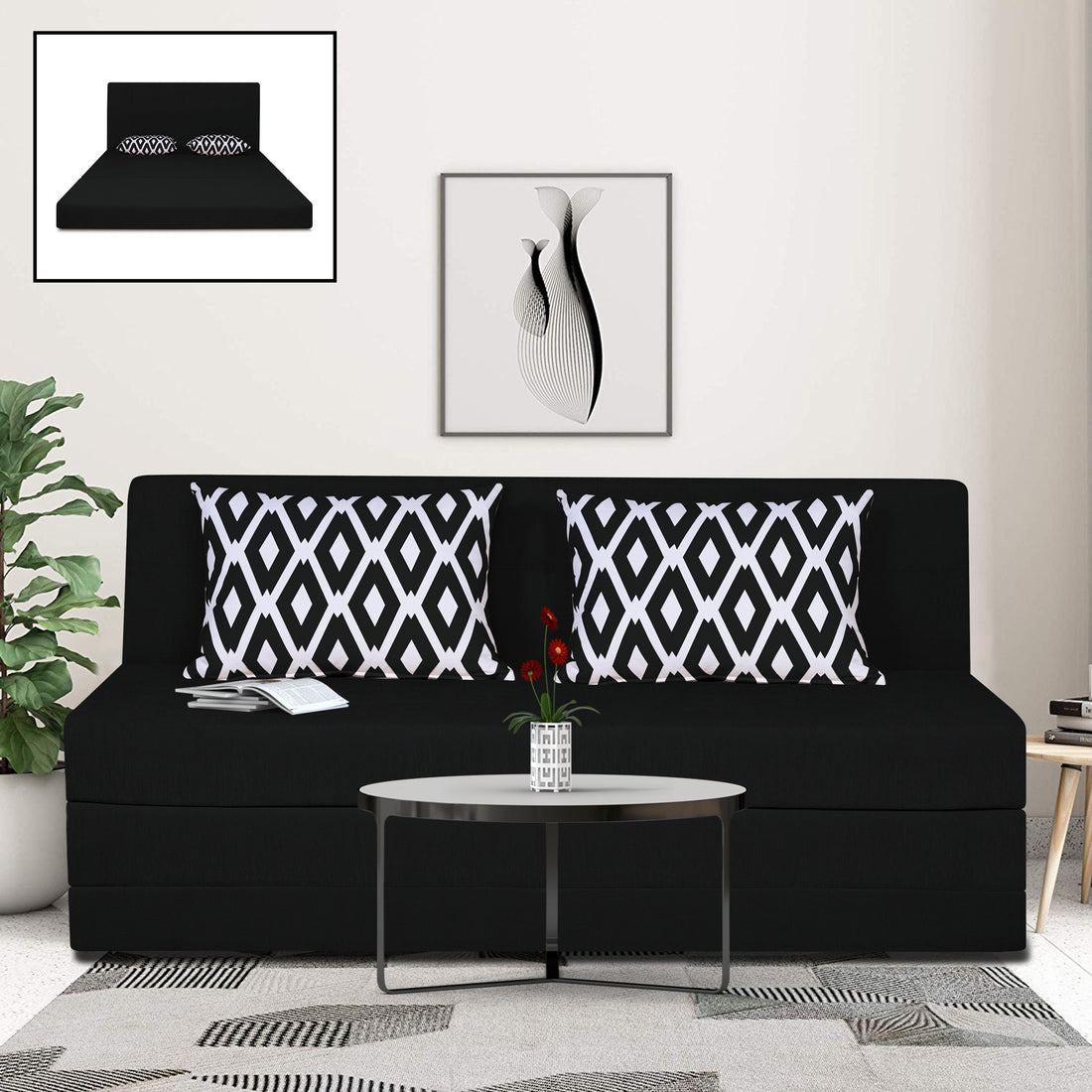Adorn India Easy Highback Three Seater Sofa Cum Bed Rhombus 6' x 6' (Black) (1 Year Warranty)